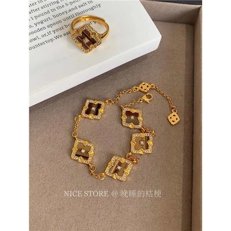 合金手链 晚睡的桔梗「愿成」复古四叶草轻奢手链中古四叶草戒指