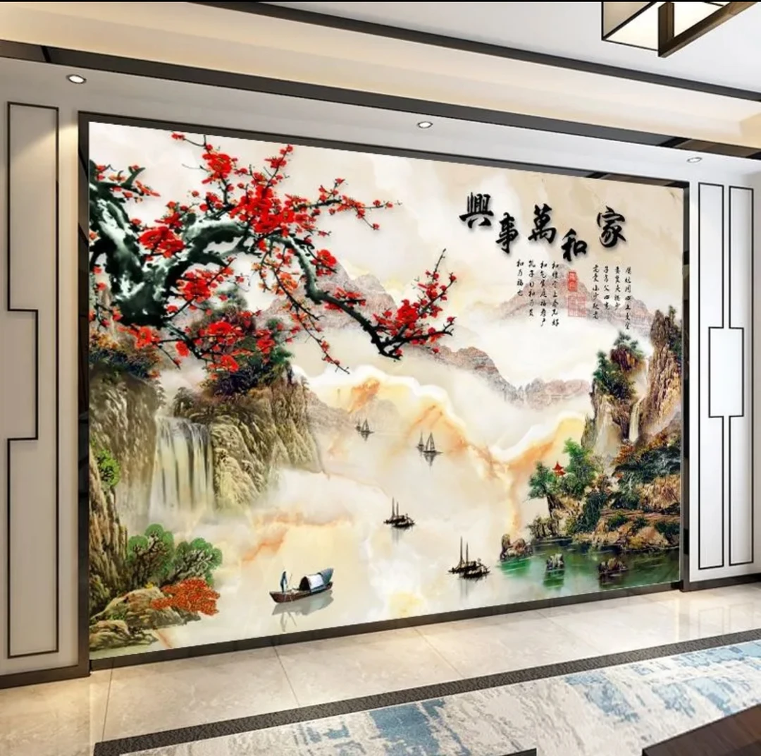 3D立体电视背景墙壁纸壁画现代中式水墨墙纸客厅影视墙布山水风景