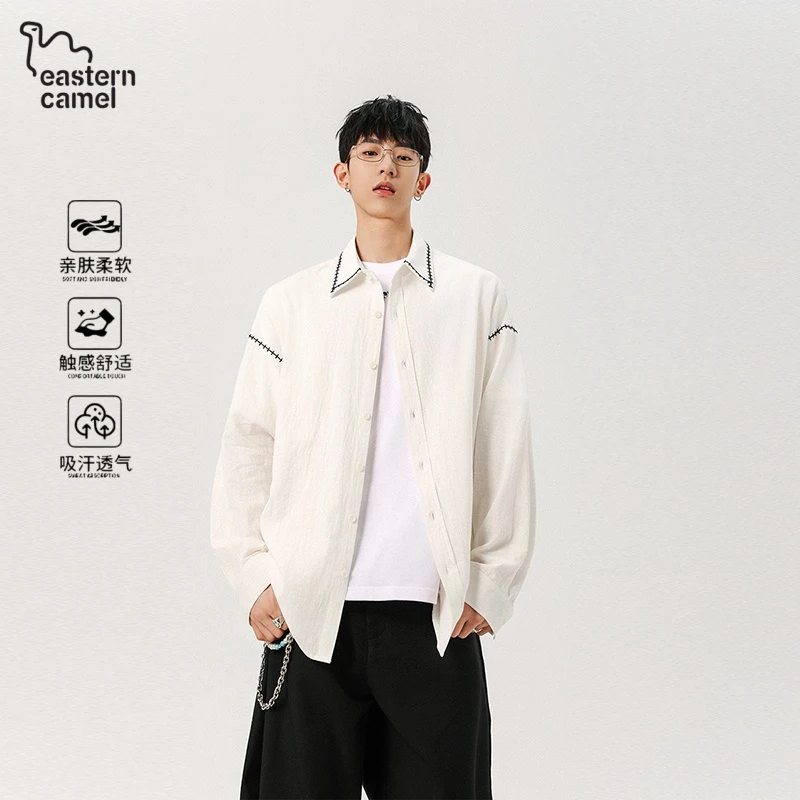 东方骆驼刺绣长袖衬衫男士春秋季2025新款高级感休闲男生衬衣外套