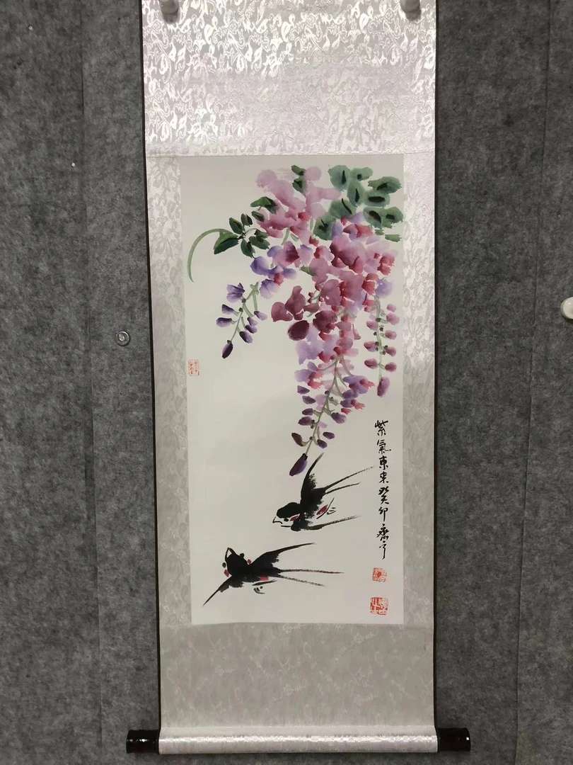 手绘国画《紫气东来》卷轴可直接挂尺寸约110*55