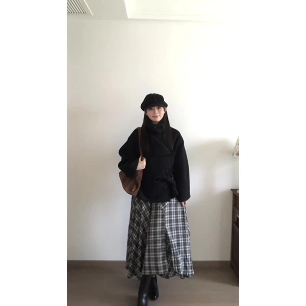 高级感立领系带收腰毛呢外套女秋冬季气质宽松复古上衣裙子套装