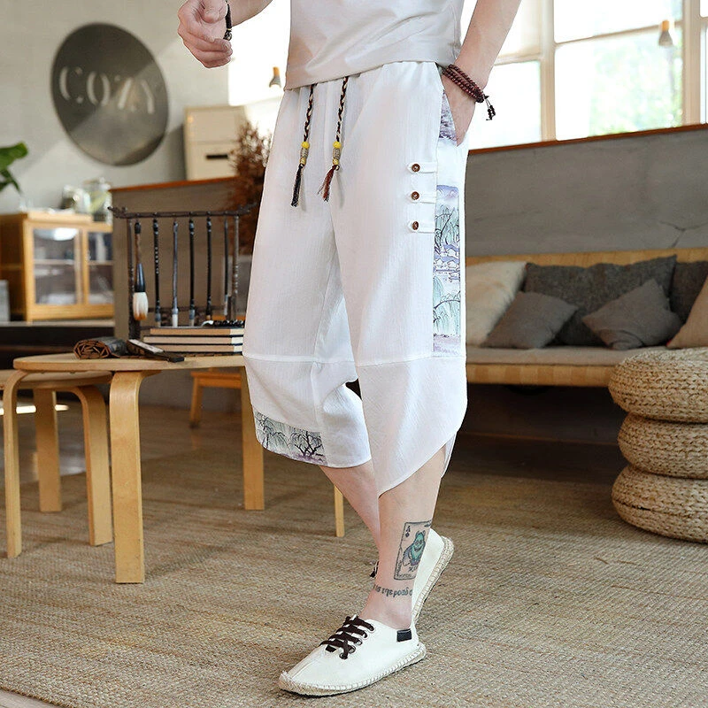 国风七分裤男士夏季薄款冰丝凉感透气八分裤宽松休闲哈伦裤古风