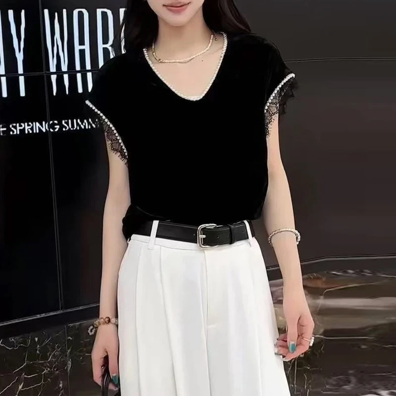 霖优夏季小众丝绒拼接珍珠V领气质显瘦短袖女士气质圆领无袖背心