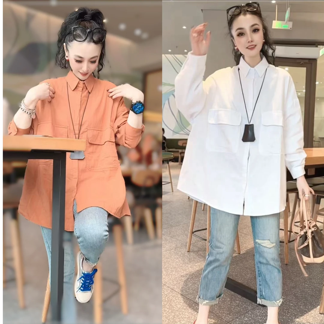 【小虹虹商贸】2025春装新款韩版双层大口袋休闲时尚水洗棉麻衬衫