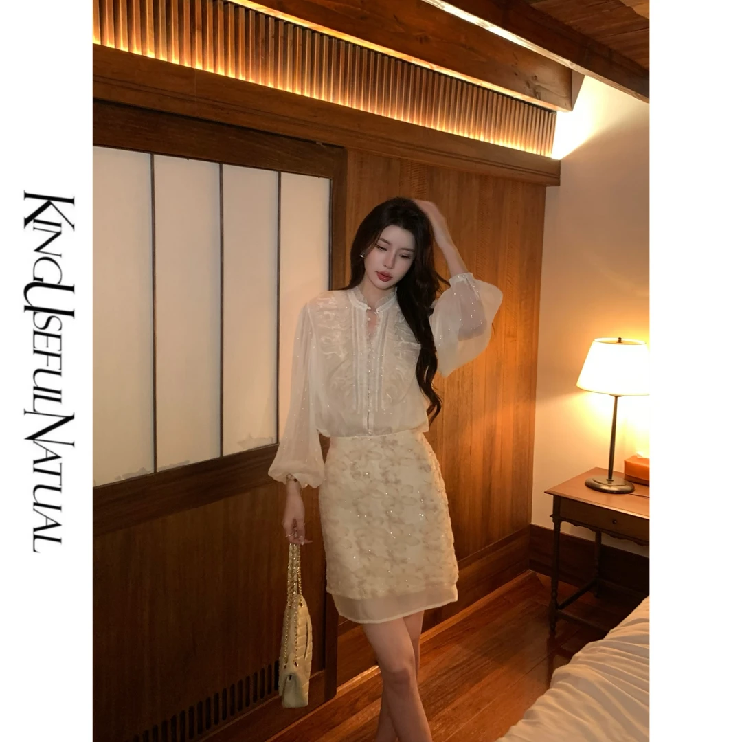 KUN【奈茉】品质 真丝肌理宫廷风荷叶边灯笼袖宽松衬衫上衣