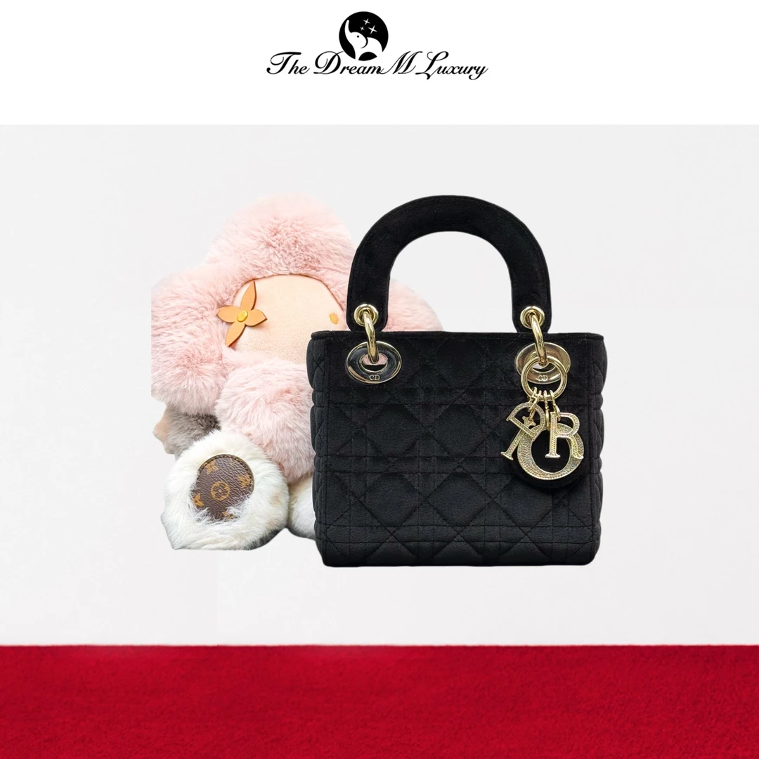 99新 DIOR/迪奥  黑金丝绒钻扣三格戴妃包，斜挎包