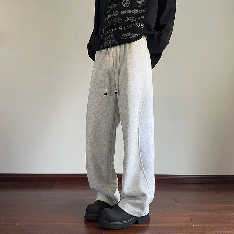 引创2025春季新款港风大码直筒裤子男美式潮流百搭拼接宽松卫裤男