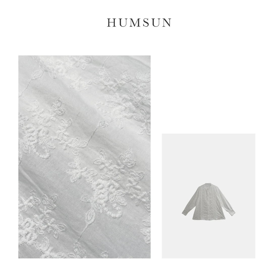 HUMSUN/禾木笙美到犯规｜简约大牌蕾丝边褶皱立领长袖衬衫 24A459