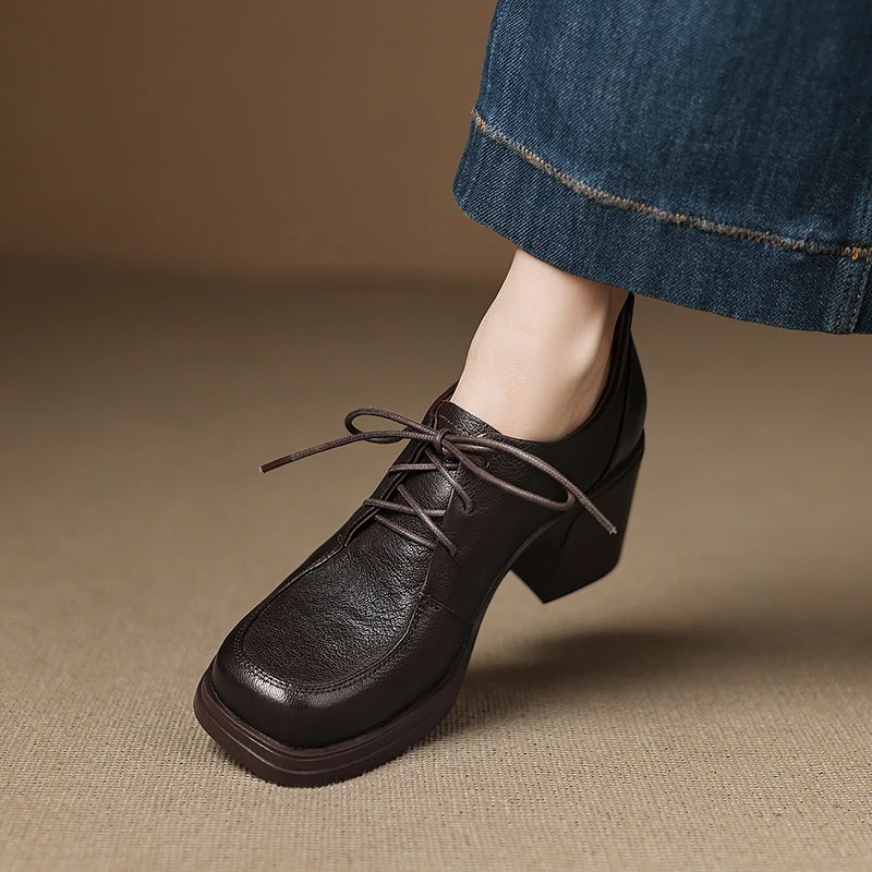 7.5厘米粗跟高跟鞋女不累脚高级感软羊皮小皮鞋厚底方头系带单鞋