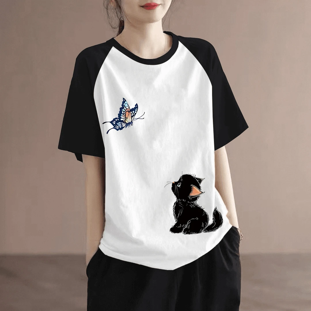 100%棉时尚气质短袖t恤女夏季宽松百搭显瘦拼色大码胖mm减龄上衣