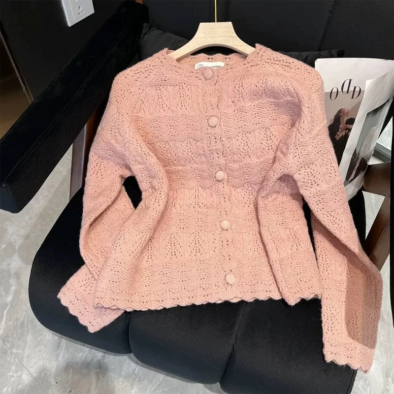 新款温柔重工钩花圆领花边针织开衫女宽松长袖针织衫气质外套新
