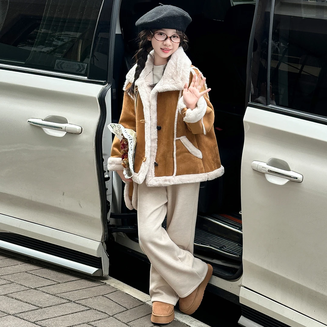 女童秋冬装加绒加厚外套2025新款女孩洋气皮毛一体夹克女大童上衣