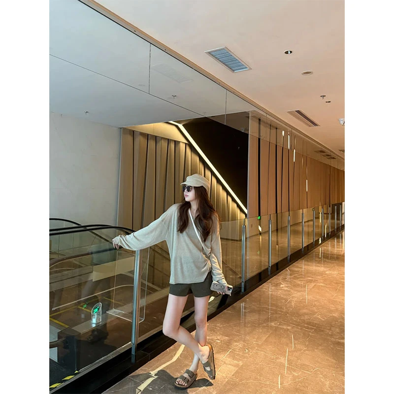 慵懒风时尚套装设计感薄款休闲洋气小众长袖上衣高腰显直筒短裤女