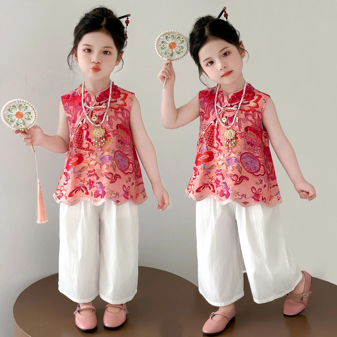 女童夏装套装2025新款洋气儿童女宝宝夏季新中式国风阔腿裤两件套