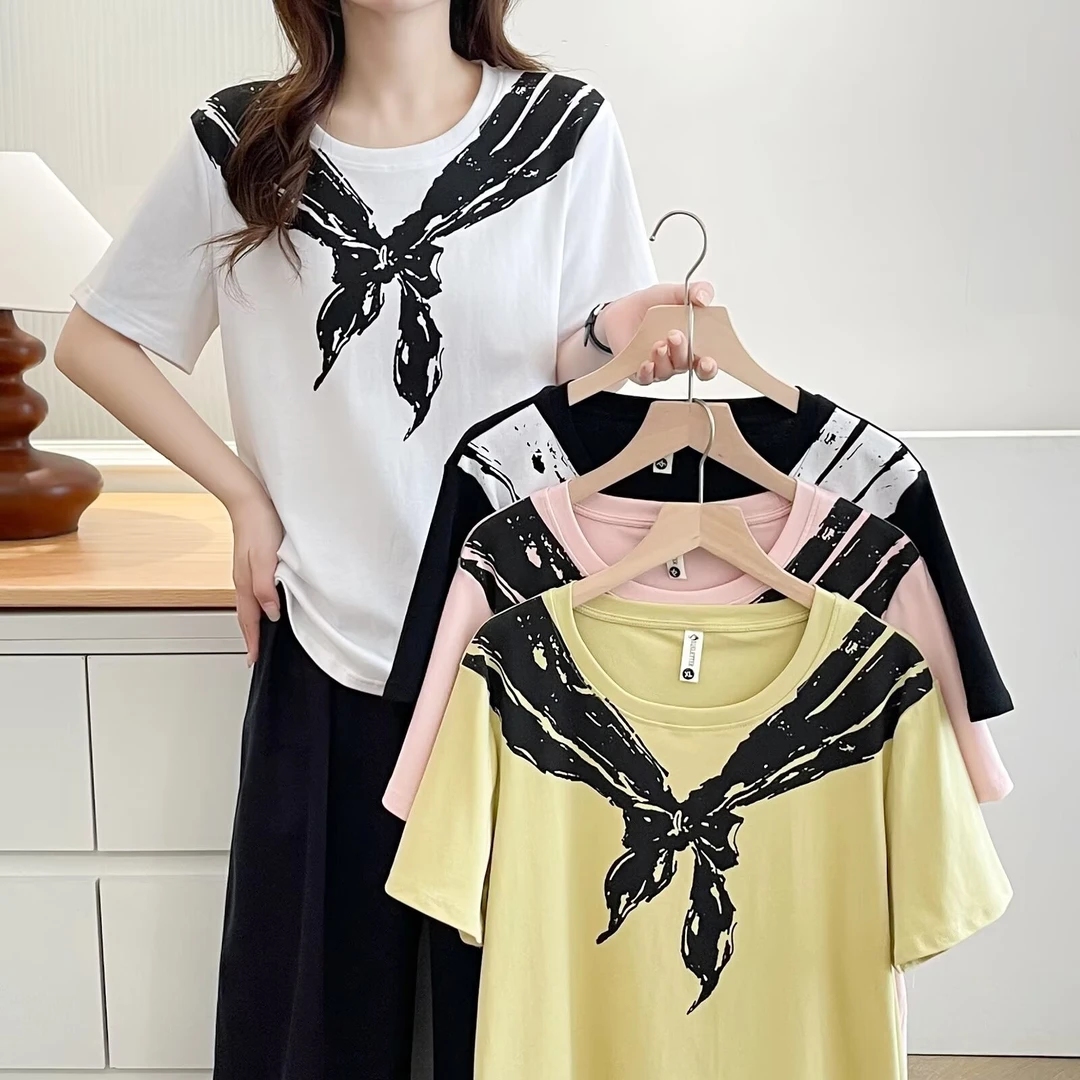 2025年夏季新款时尚百搭大码显瘦圆领立体印花短袖T恤100—200斤