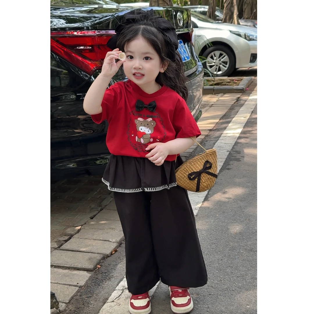 女童夏季新款韩版小熊红短袖T恤女宝宝花苞裙长裤甜美两件套套装