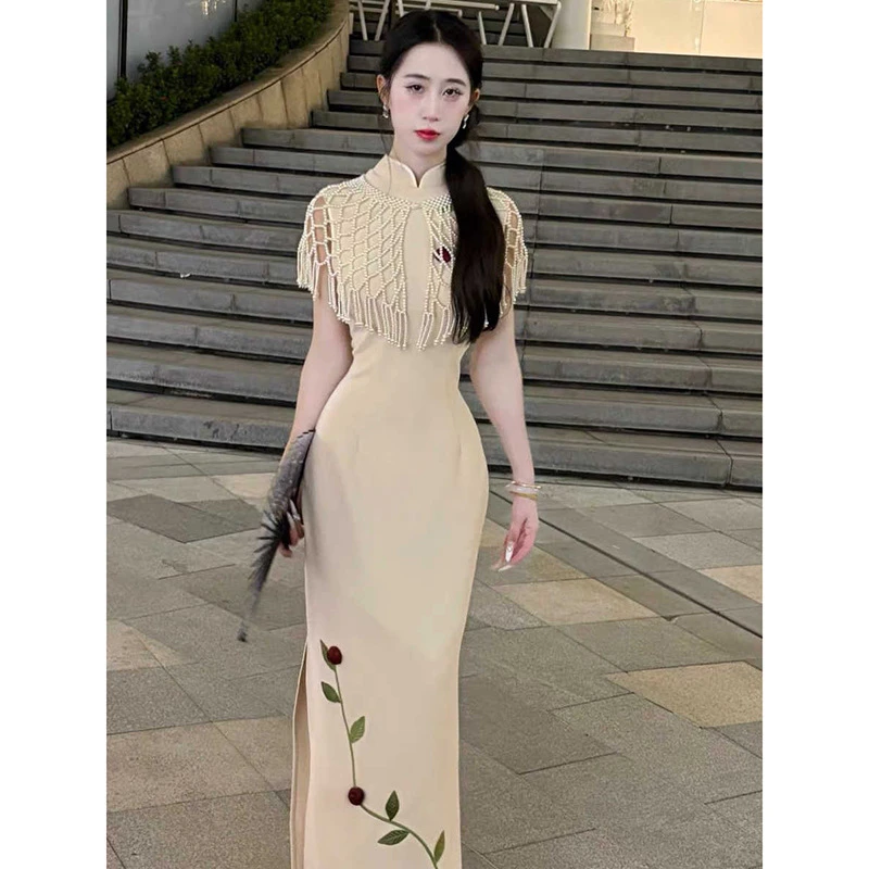 画报夫人手工立体玫瑰花新中式白色旗袍诗音玫瑰