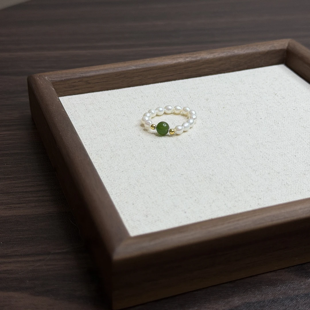 【雪中春】天然珍珠和田玉碧玉猫眼戒圈L1391