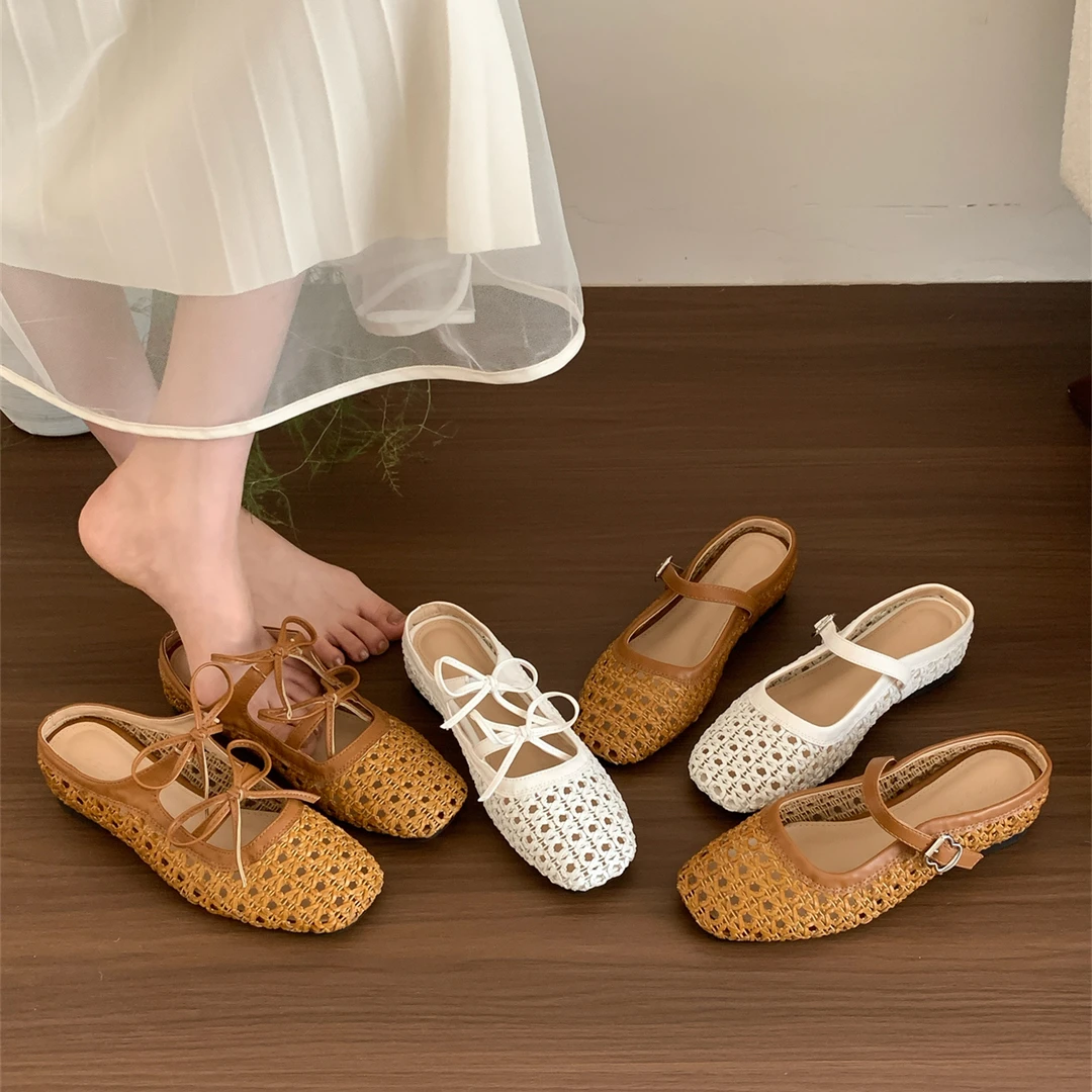 欢梨"假日松弛感"复古藤草编织镂空包头半拖鞋女夏厚底沙滩凉拖鞋