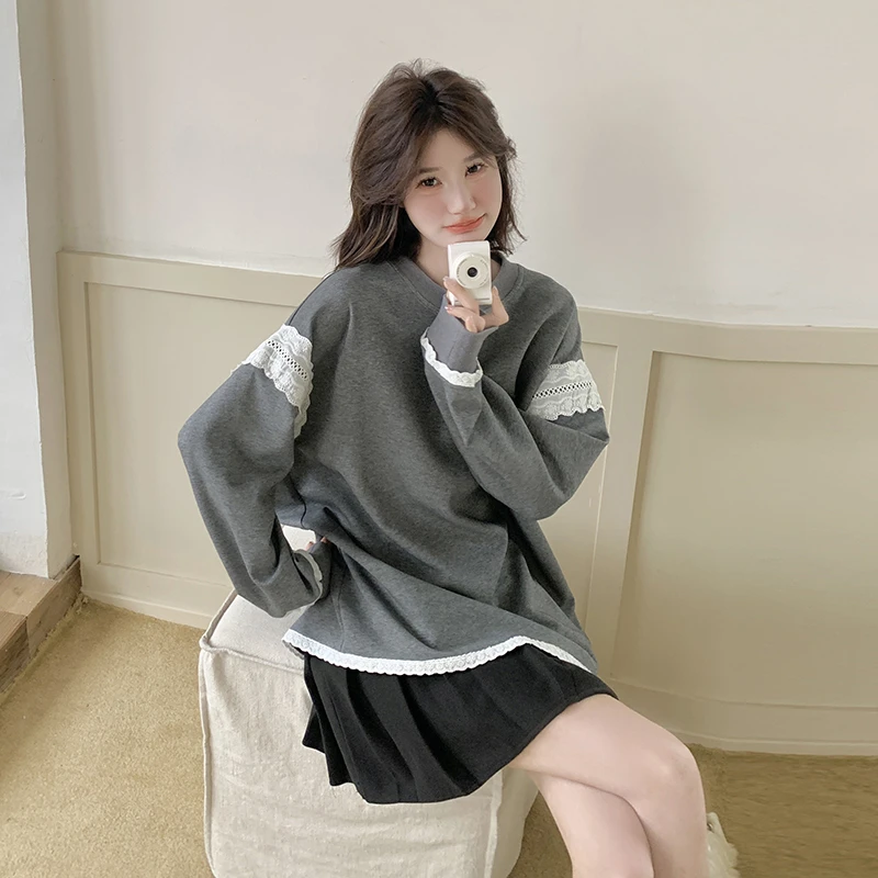 灰色韩版设计感蕾丝花边拼接卫衣女2025年春季新款慵懒风套头上衣