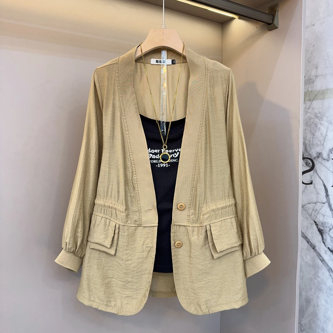 时尚简约气质春季百搭微胖女装胖MM高级感西装款式抽绳设计上衣