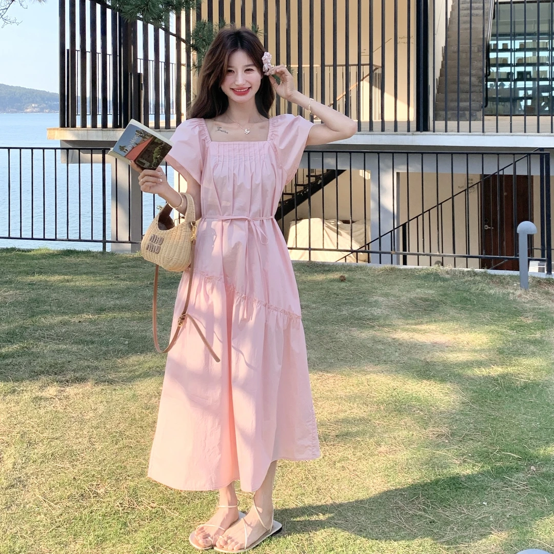 夏新款方领泡泡袖压褶洋气显瘦连衣裙裙子初恋夏季法式甜美温柔风