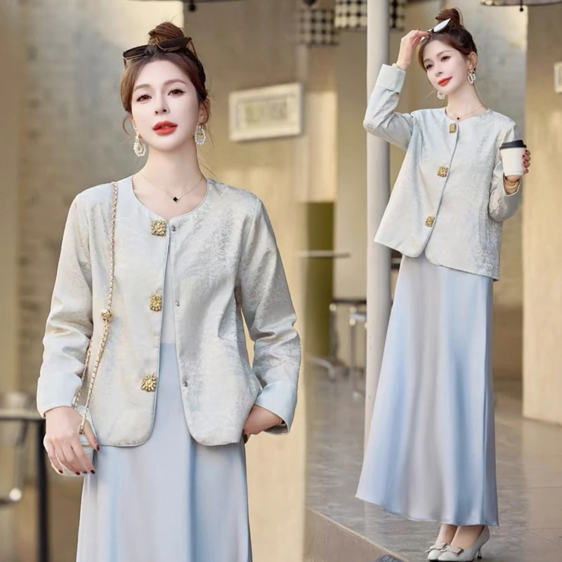 2025春秋新款圆领提花短外套新中式时尚复古女上衣【钻扣】休闲百搭