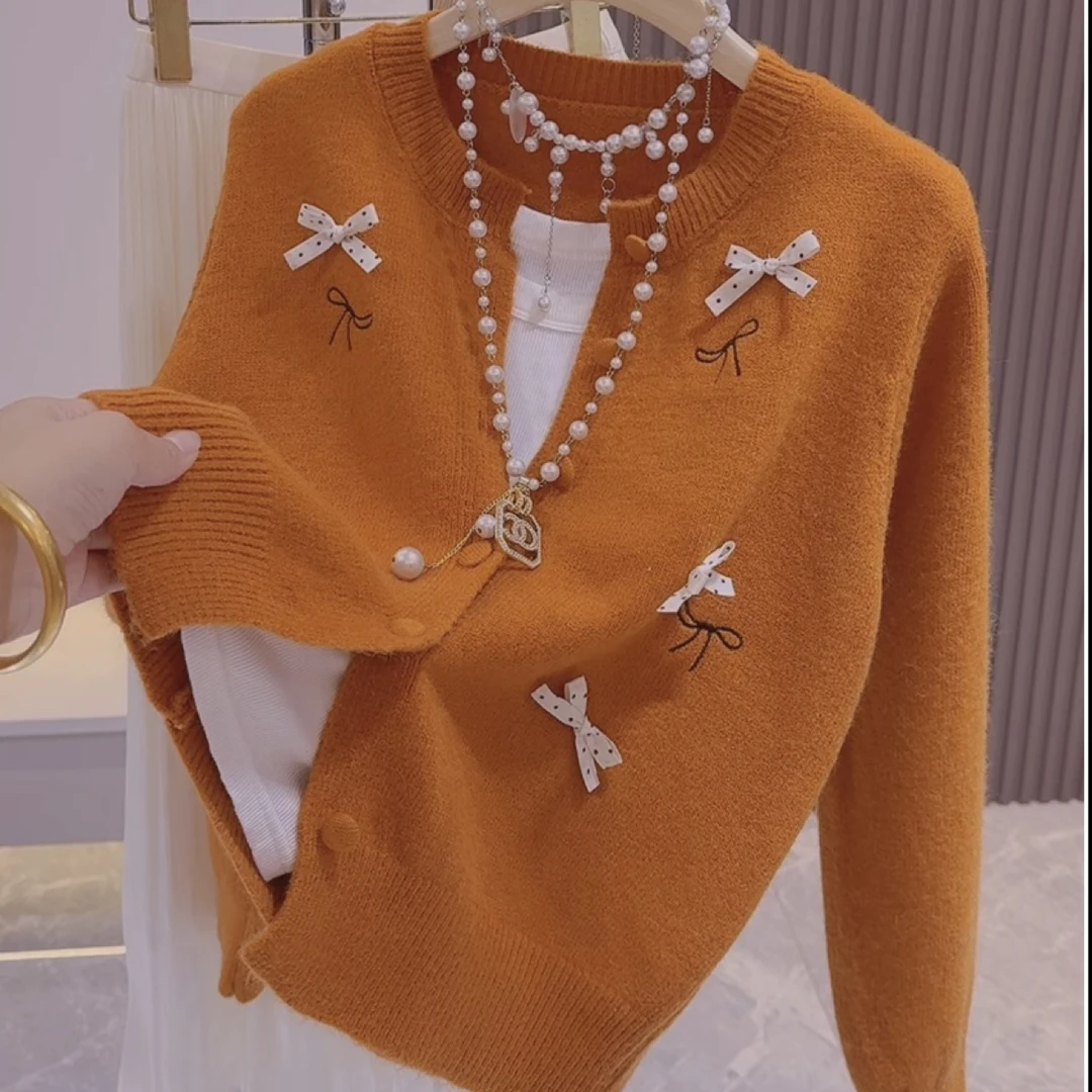 新款法式甜美蝴蝶结开衫软糯毛衣女显瘦短款针织百搭上衣