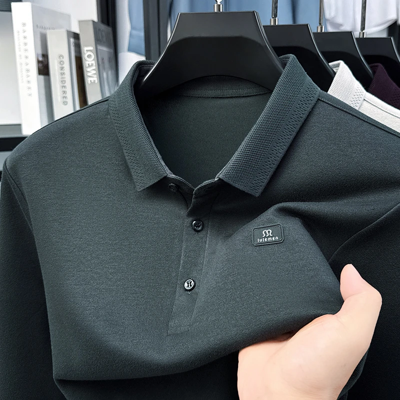 高档男士长袖T恤2025秋季新款中年宽松商务休闲纯色翻领POLO衫