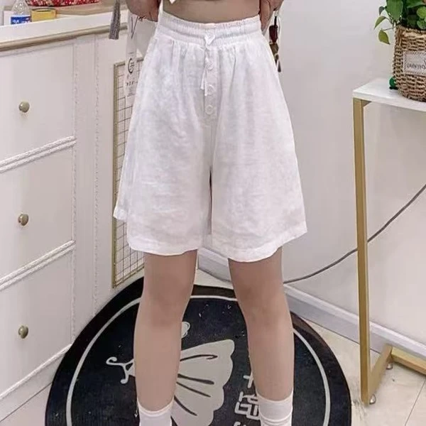 859钉钮系绳麻料短裤