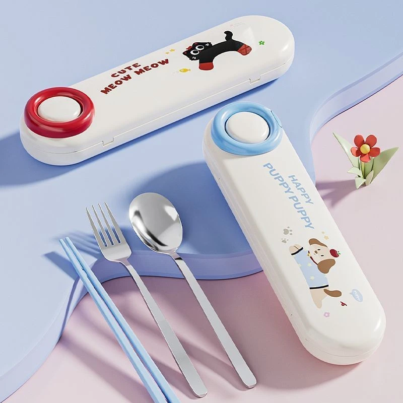 筷子勺子304不锈钢套装三件套学生卡通餐具便携上班超萌族收纳盒