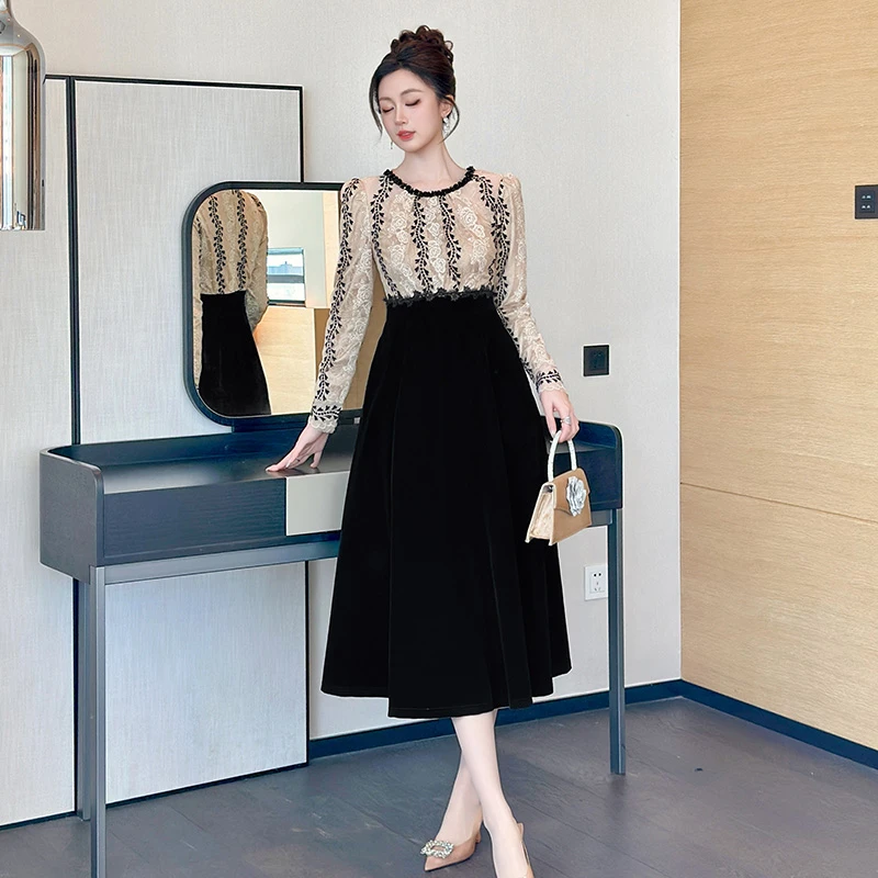 设计师秋冬新款复古法式气质显瘦拼接ins风简约时尚连衣裙45414