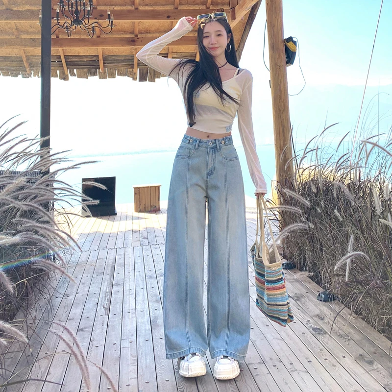 艾格正品浅蓝色垂感百搭2025春季新款拖地牛仔裤休闲长裤女设计感