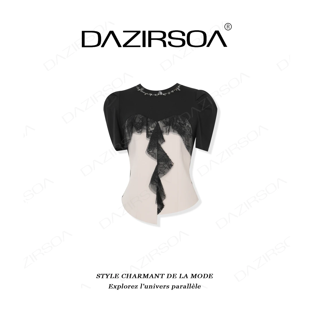 DAZIRSOA/达姿“巴黎画廊”时尚百搭拼接蕾丝花边个性短袖上衣 X853