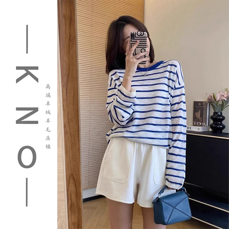 【KNO】早春新款圆领条纹宽松扩版亚麻针织衫