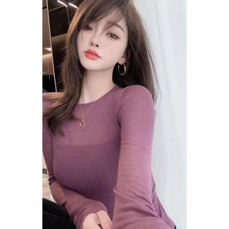 2025秋冬季新款葡萄紫拼接内搭上衣圆领打底衫长袖女装