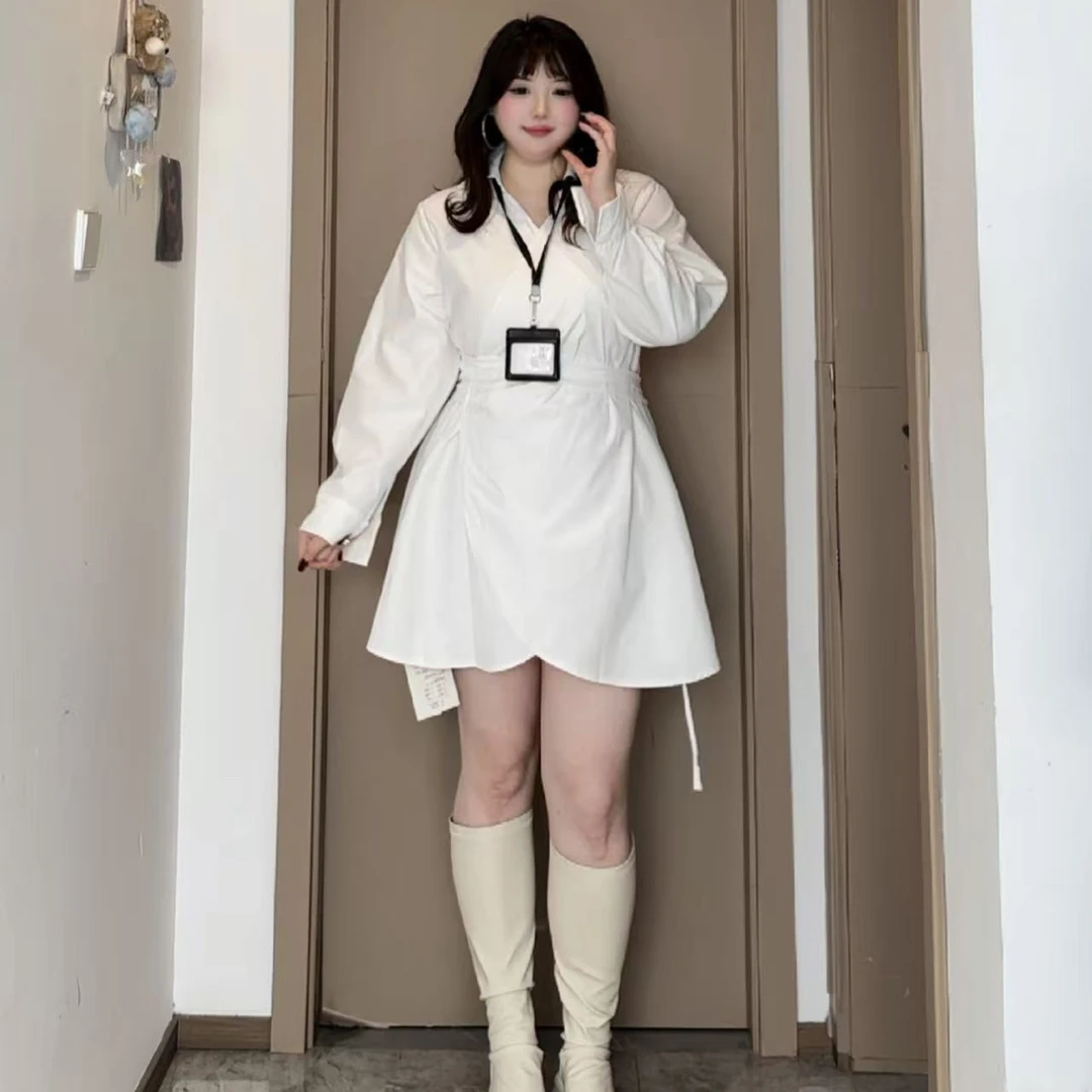 设计感不规则绑带V领衬衣裙女2025早秋季新款韩版收腰衬衫连衣裙