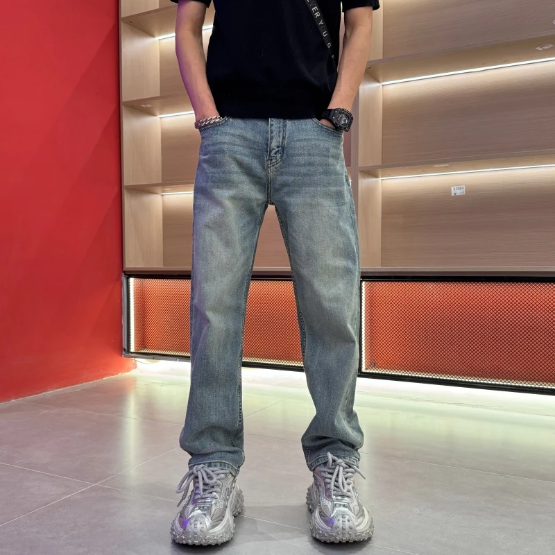 秋冬男士新款加绒加厚牛仔裤高街直筒修身简约百搭休闲风直筒长裤