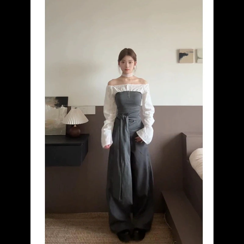 纯欲设计感一字肩撞色T恤长袖露肩上衣女早春穿搭休闲裤子套装