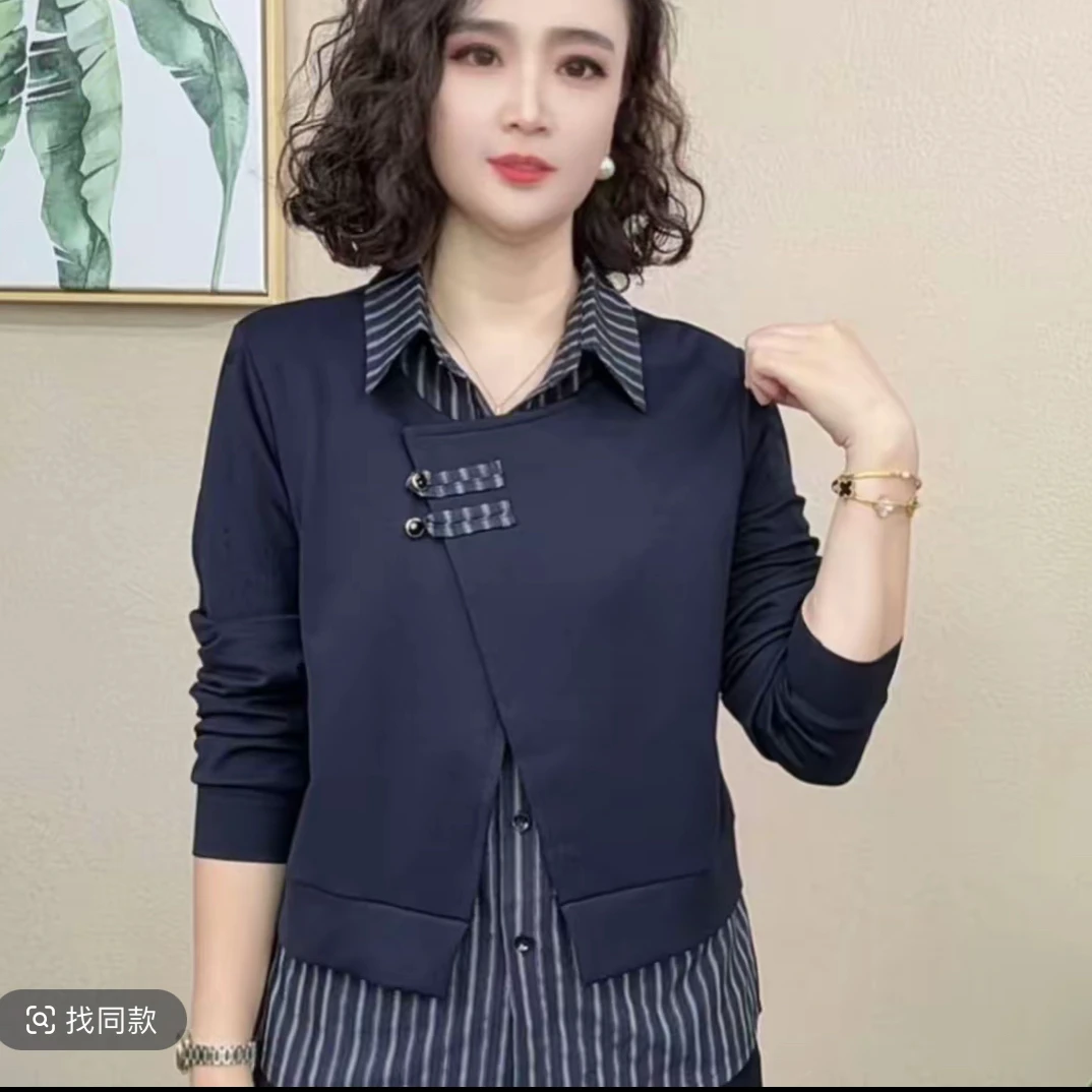 2025早秋假两件新款长袖翻领时尚T恤宽松显瘦减龄洋气女上衣