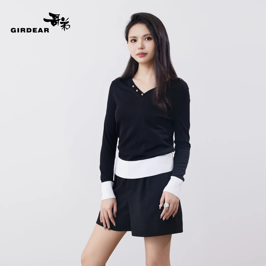 GIRDEAR/哥弟气质百搭拼色V领长袖套头针织衫1399430-1T17611-003