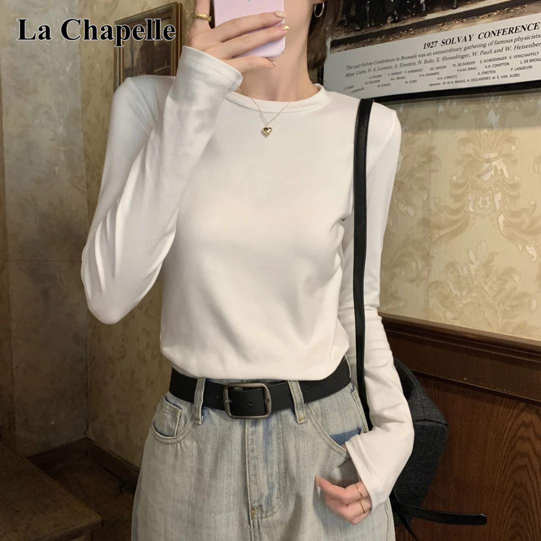 拉夏贝尔简约正肩打底衫女秋季2025新款内搭修身长袖T恤百搭上衣