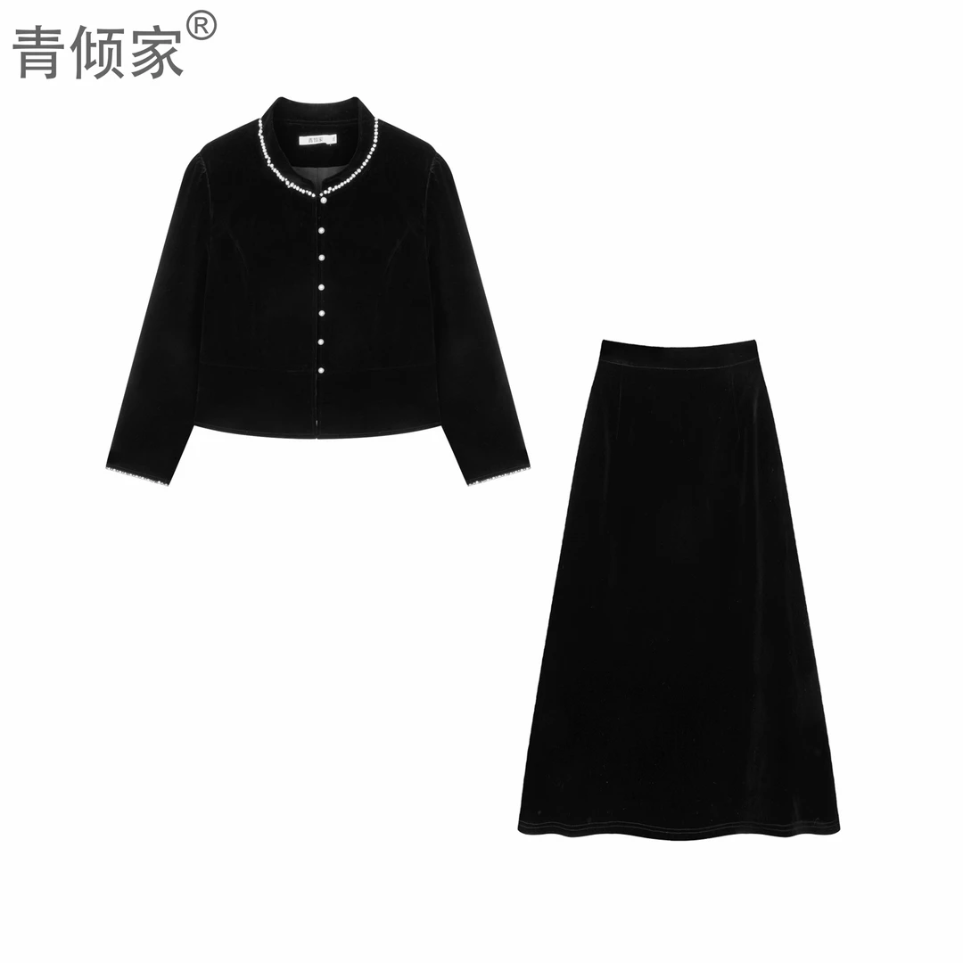 【新年战袍】冬小香风钉珠立领上衣半身裙胖mm轻奢风修身显瘦两件套