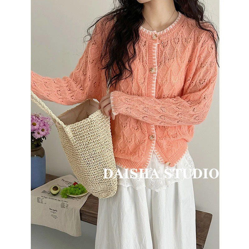 【描边人鱼】春装设计感温柔风镂空针织开衫女外搭宽松显瘦薄款上衣