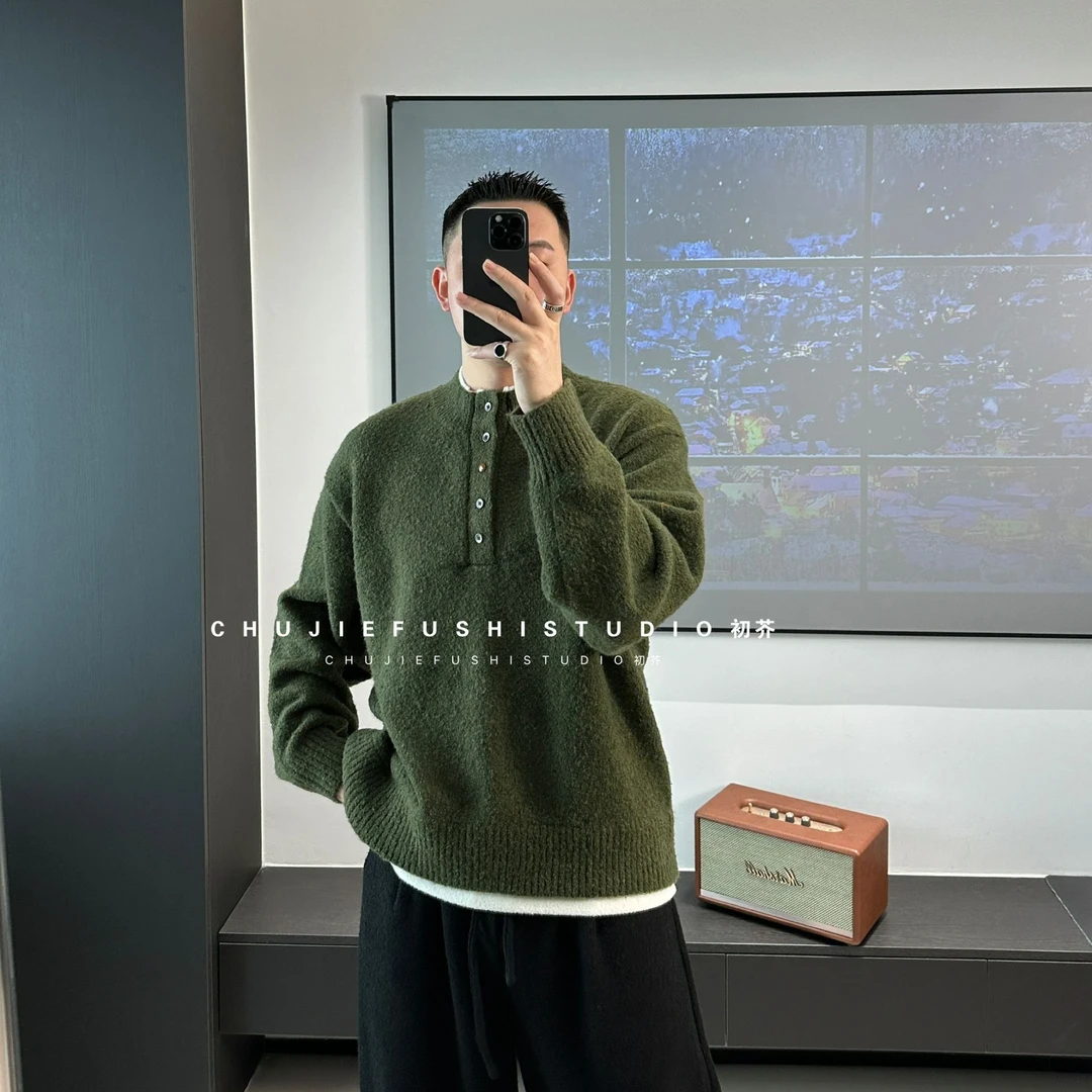 CHUJIE韩版时尚亨利领假两件厚款针织套头毛衣