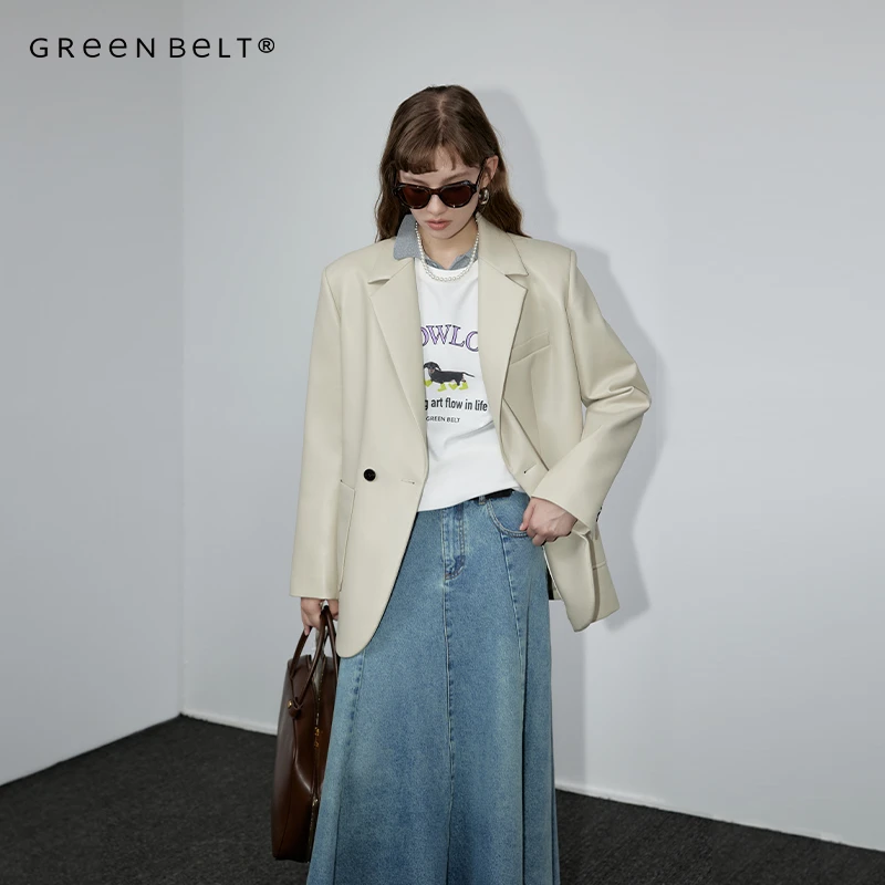 GREEN BELT高级感纯色PU皮衣女2024秋季新款气质时尚百搭外套