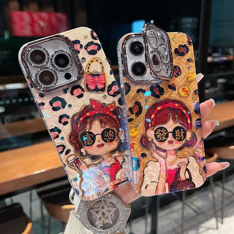 新疆西藏包邮适用苹果系列iPhone16新款手机壳豹纹富婆全包闪粉镜