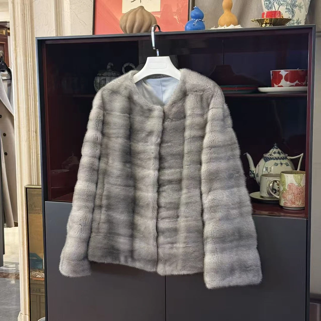 MYL 2025秋季新品水貂兰宝石本色外套圆领长袖单排扣休闲皮草外套