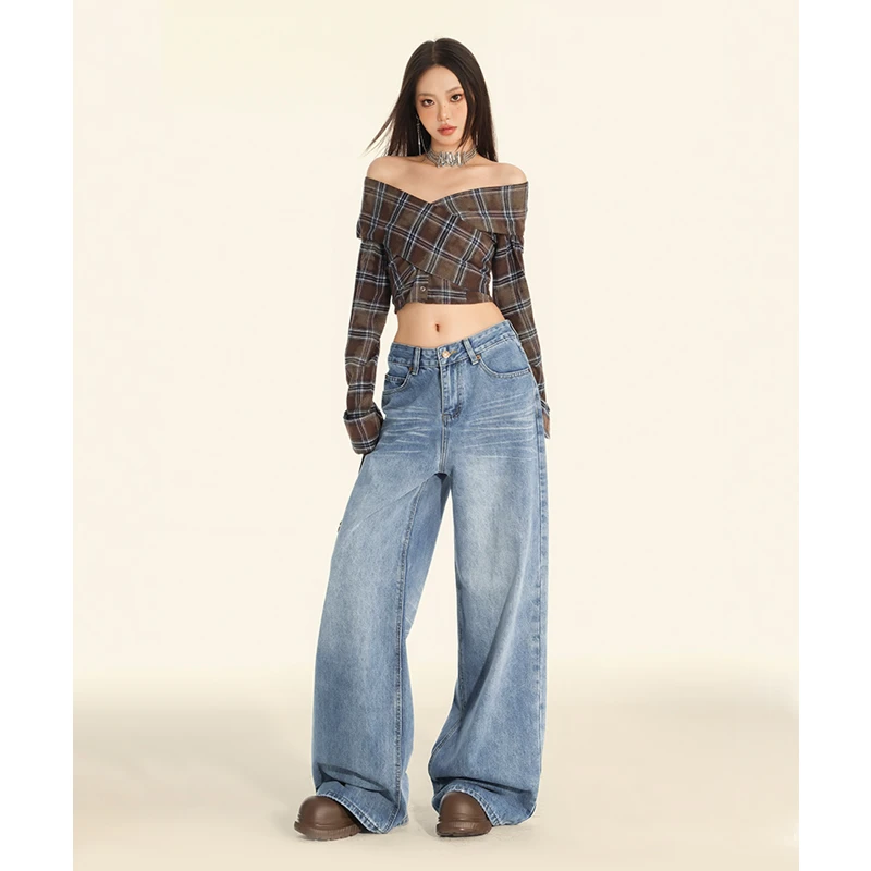 【姐姐妹妹专属】纪衣恋复古浅色阔腿牛仔裤女宽松显瘦水洗直筒裤子