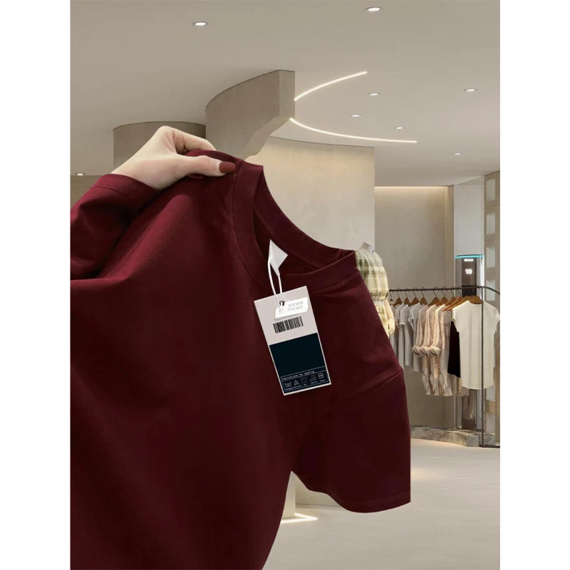 暗酒红色重磅新疆长绒棉T恤男夏季磨毛小领口螺纹短袖正肩半截袖